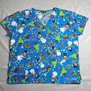 Serene Uniforms Women's Scrubs Top Snowman Christmas Tree Winter V-Neck Size 2X